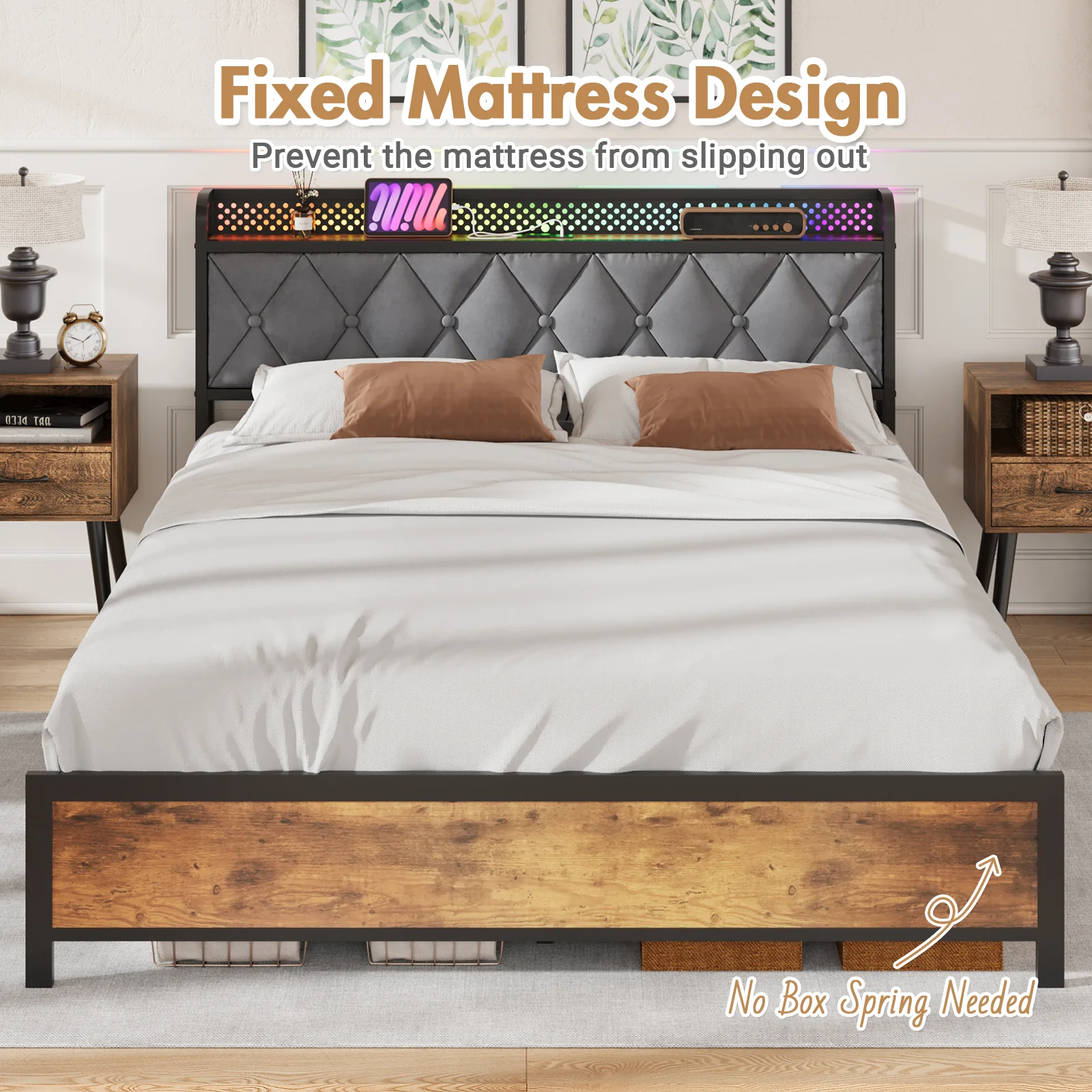 RGB LED Lights Bed Frame w/Charging Station