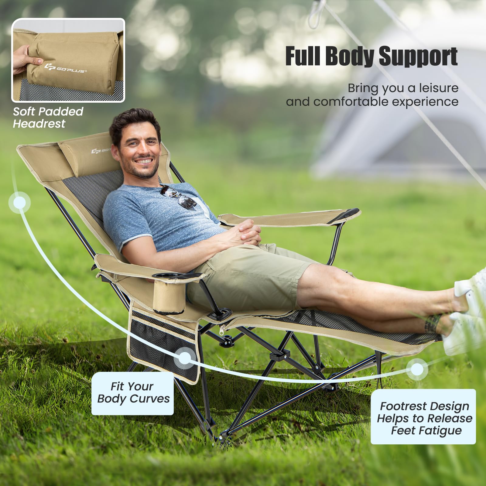 Goplus Reclining Camping Chair with Foot Rest, Folding Lounge Chair for Adults, w/Adjustable Backrest