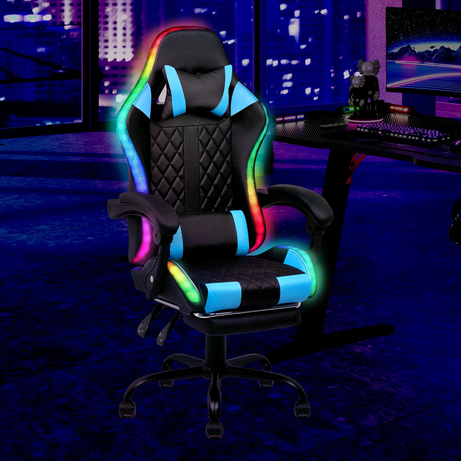 Gaming Chair 12 RGB LED Massage Chair Blue