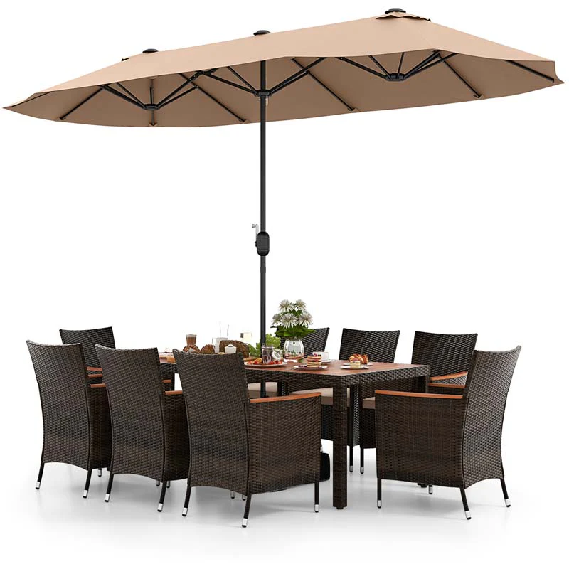 10Pcs Patio Rattan Dining Set with 15FT Double-Sided Umbrella, Heavy Duty Acacia Wood Table & Stackable Wicker Chairs