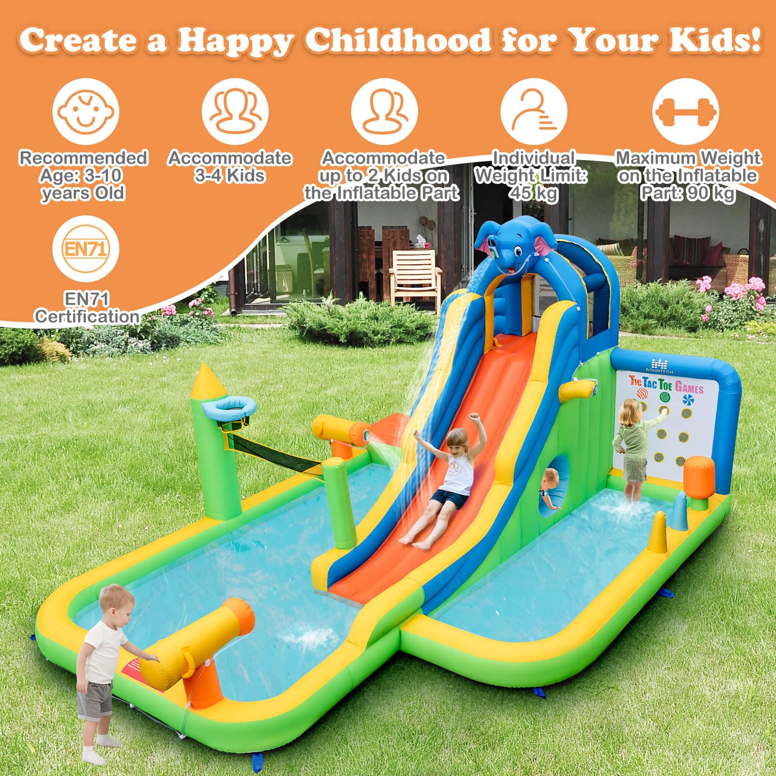 Inflatable Water Slide, 9-in-1 Water Park Jumping Castle W/Ring-toss Game, Volleyball Area, Basketball Hoop