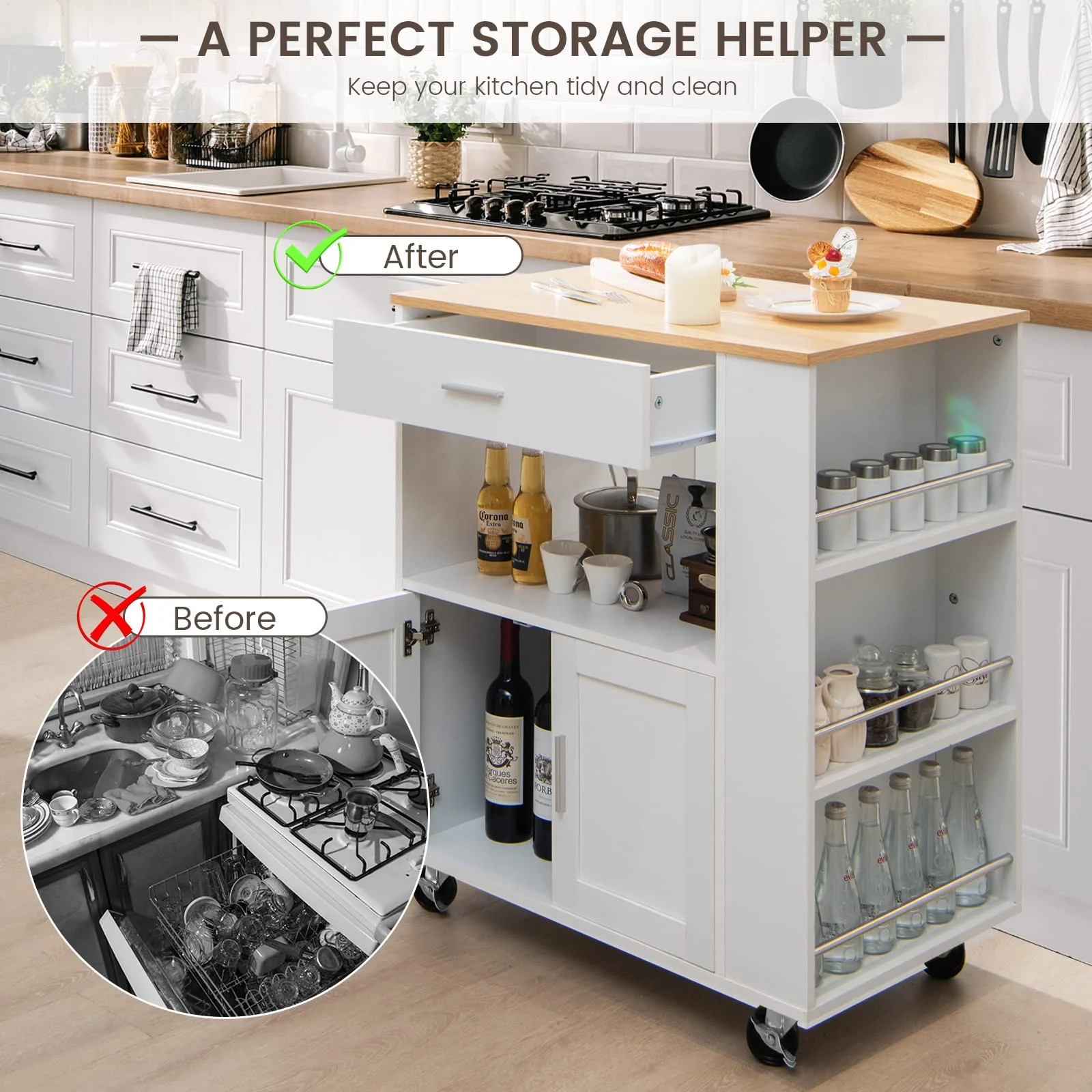 Giantex Kitchen Island Trolley, Rolling Kitchen Serving Trolley w/ 3 Spice Racks, Drawer, Open Shelf & Large Cabinet