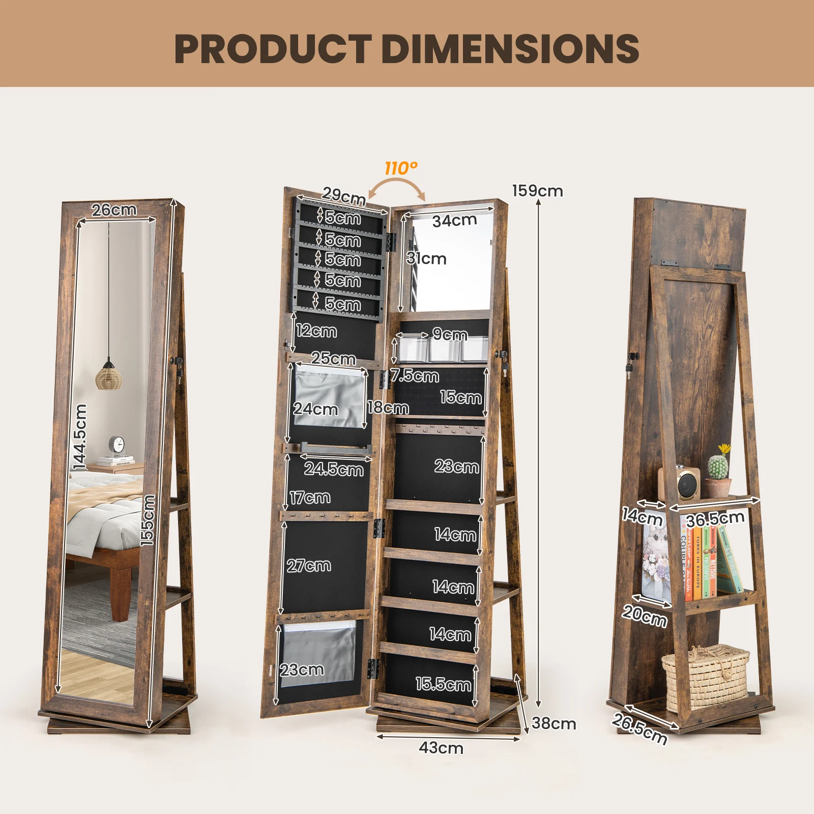 360�� Swivel Jewelry Armoire, Standing Jewelry Organizer with Full Length Mirror