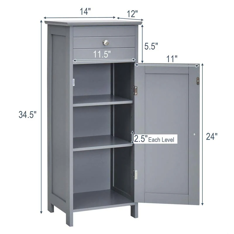 Free-Standing Wooden Floor Storage Cabinet w/Large Drawer & 2 Adjustable Shelves, Morden Side Storage Bathroom Organizer Cabinet