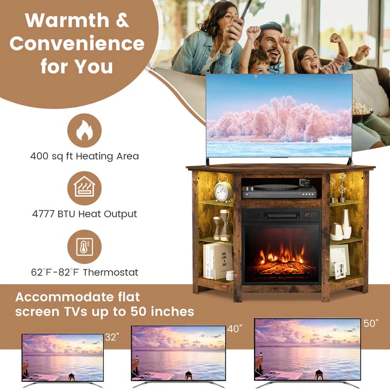 Modern Corner Fireplace TV Stand with LED Lights for TVs up to 50