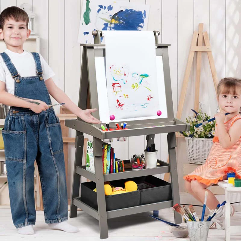 3-in-1 Double-Sided Kids Art Easel, Wooden Storage Toddler Easel with Magnetic White Board & Chalkboard, Paper Roll, Painting Dry Erase