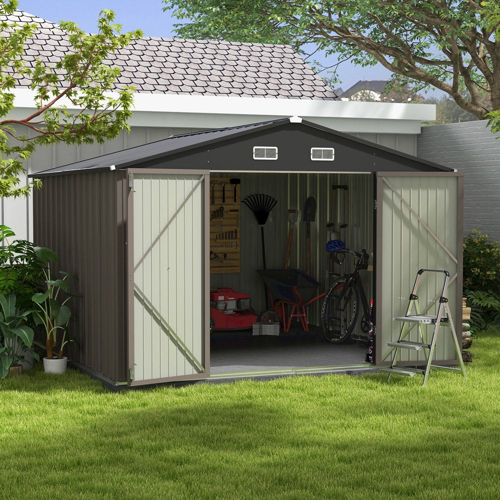 Patiowell 10??10 ft Metal Outdoor Storage Shed, Sloping Roof, Double Lockable Doors, Coffee Brown