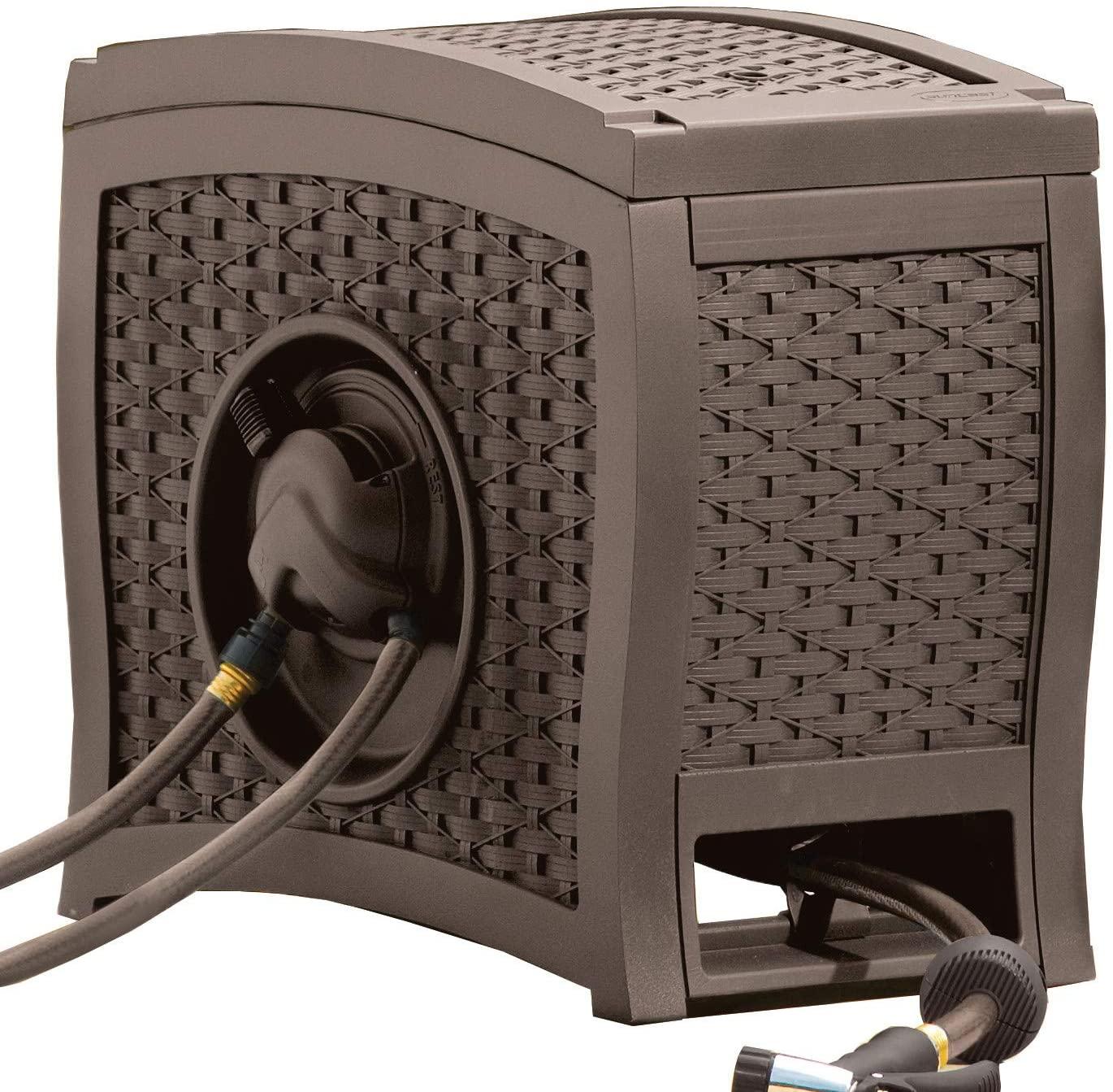 Suncast Aquawinder 125 Wicker Garden Hose Reel Lightweight Portable Hands Free Water Powered Retractable Hose Reel Java