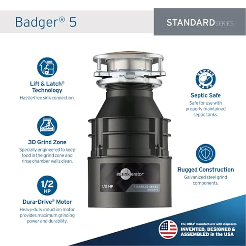 InSinkErator Badger 5 Garbage Disposal, Standard Series 1/2 HP Continuous Feed Food Waste Disposer