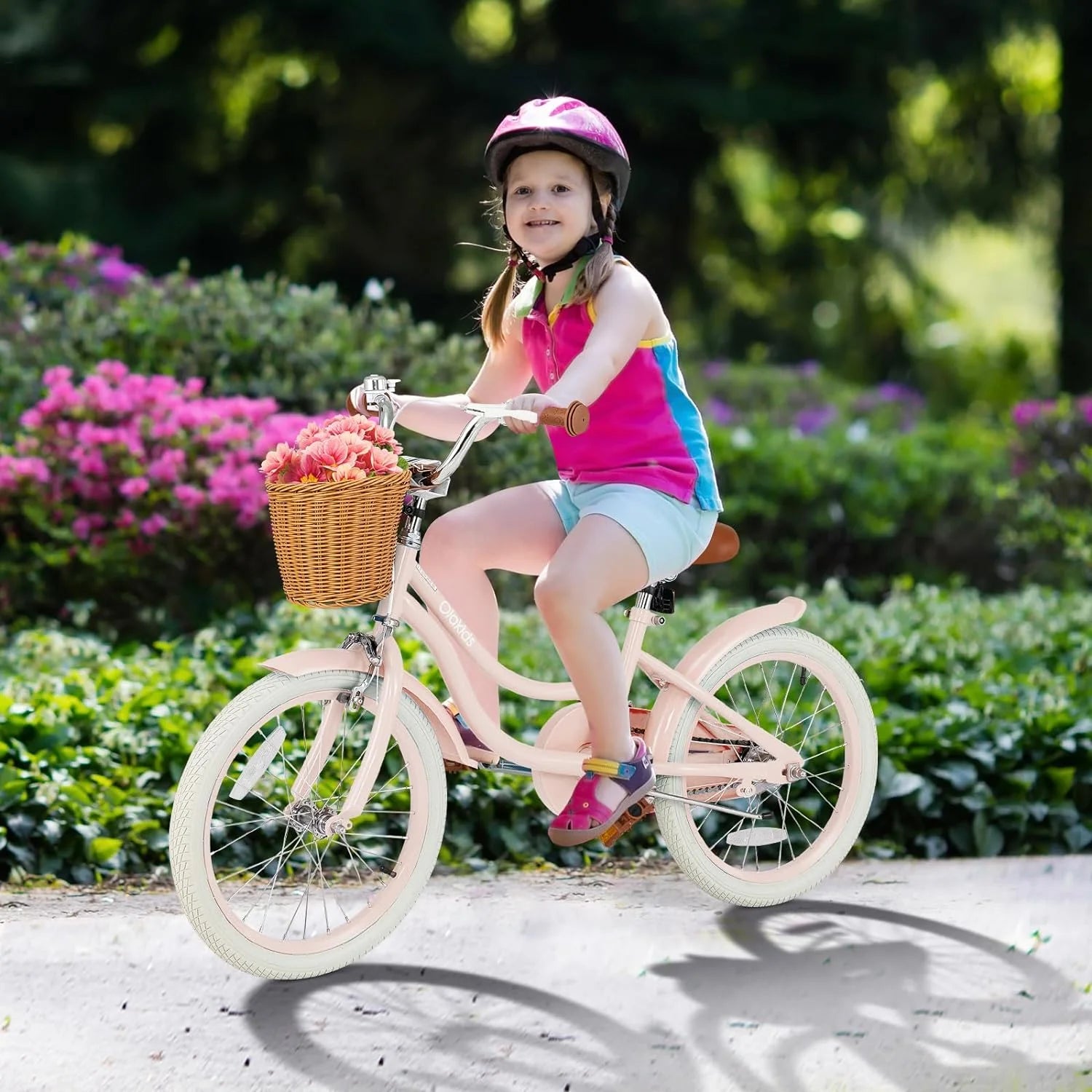 2024 OLAKIDS Kids Bike, 14 16 18 Inch Toddlers Bike with Removable Training Wheels and Rattan Basket, Safety Bell, Adjustable Seat and Handlebar, Children��s Bicycle for Girls Boys Age 3-8