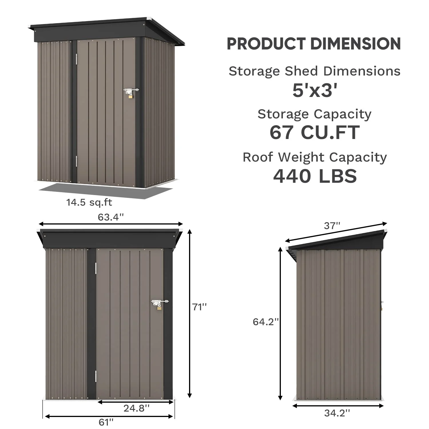 Patiowell 5x3 FT Outdoor Storage Shed for Backyard Garden Patio Lawn