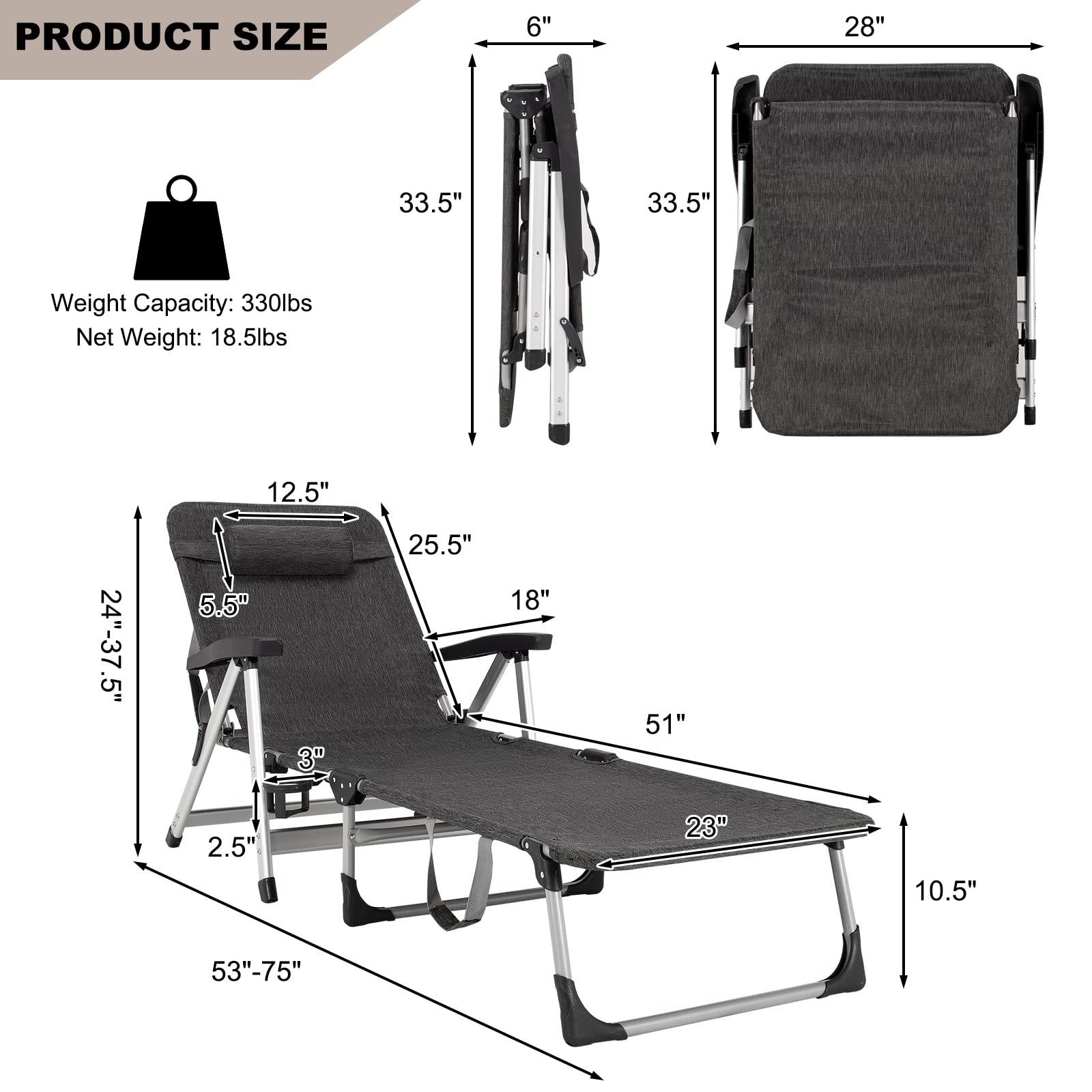 Chaise Lounge Chair, Folding Outdoor Patio Lounger with Cup Holder & Detachable Headrest