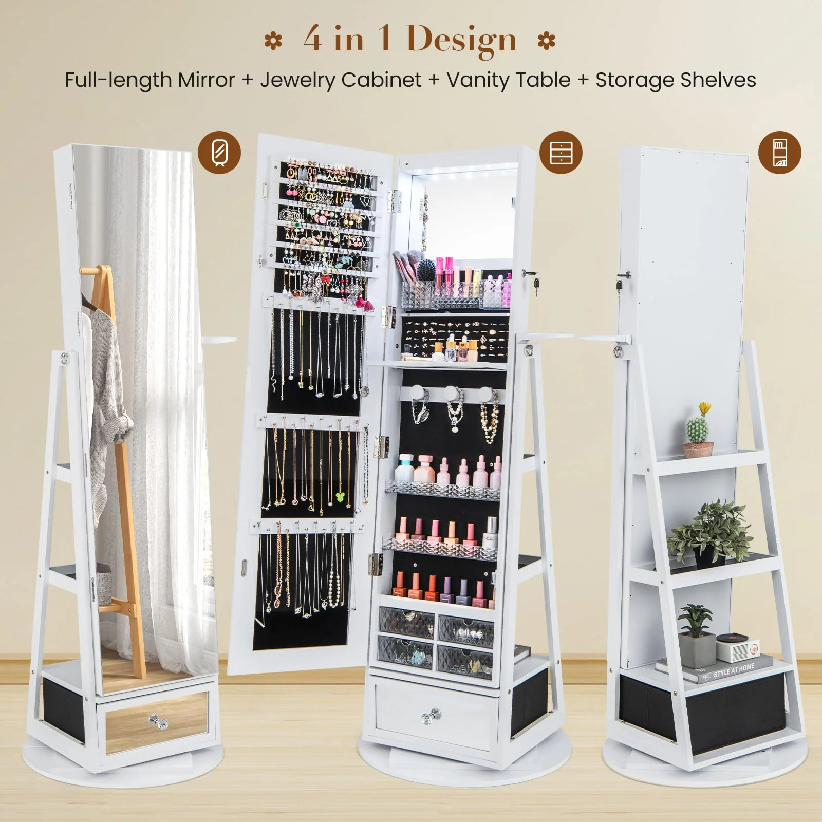Giantex 360?? Swivel Jewelry Cabinet w/Full-Length Mirror