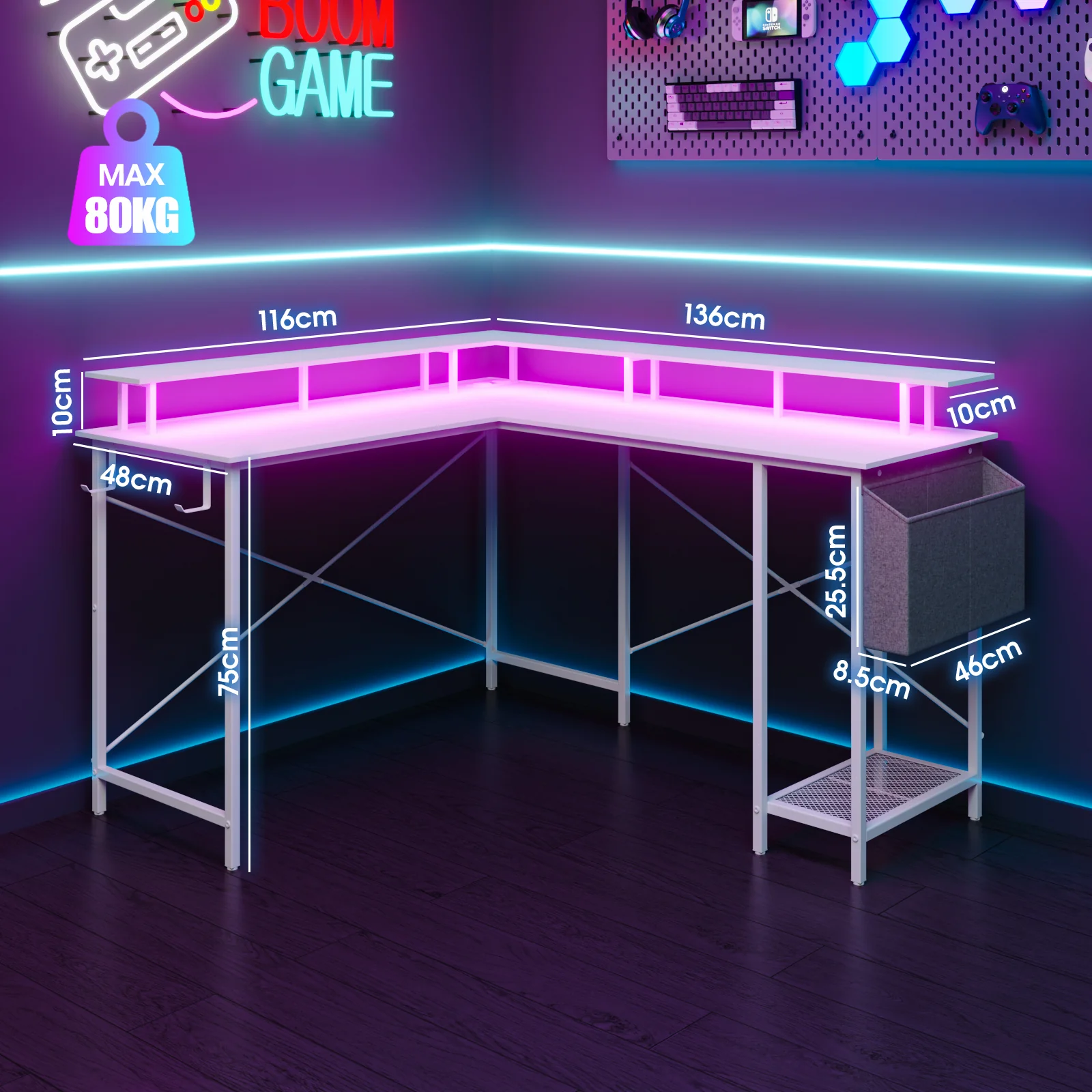 L Shaped Gaming Desk with LED Lights