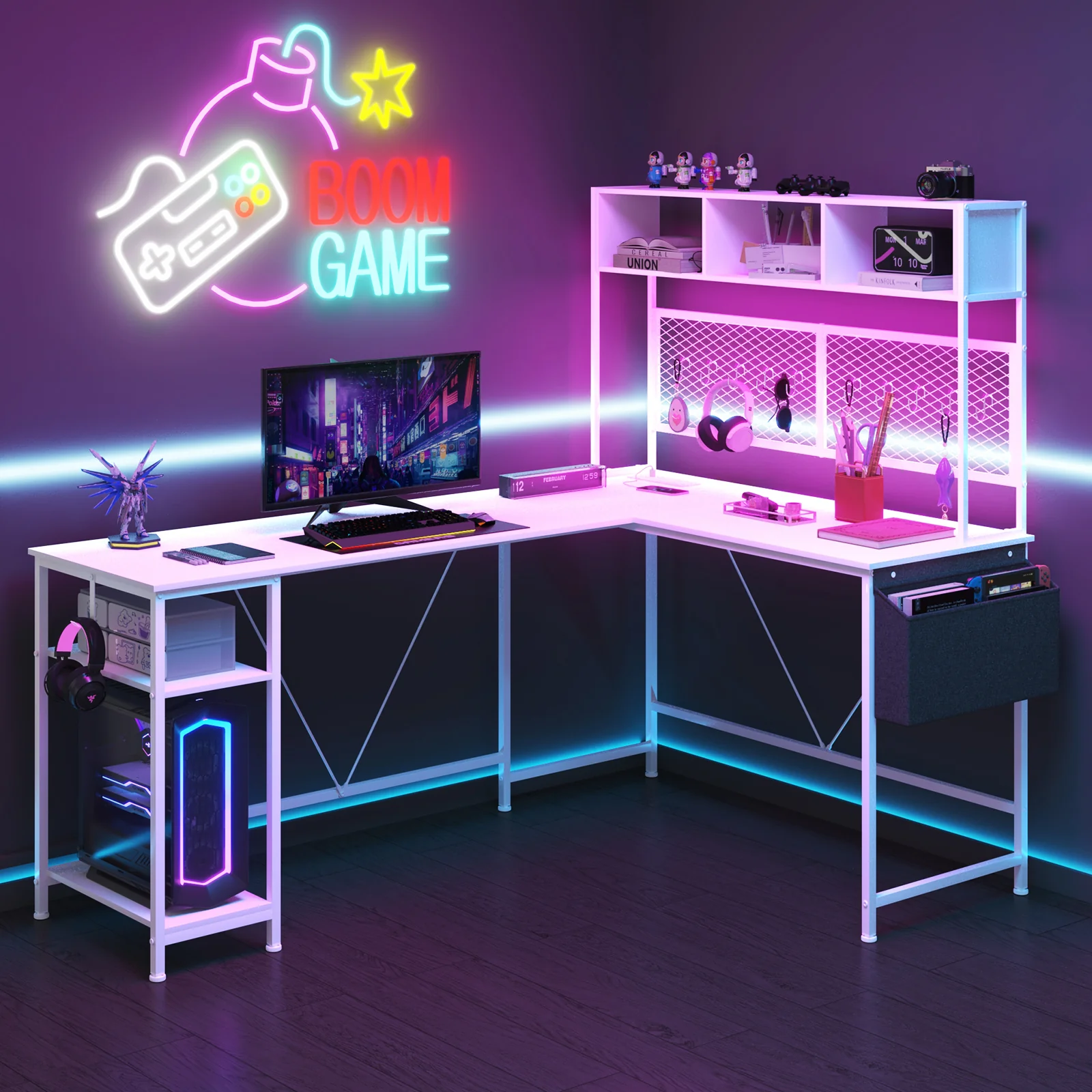 L Shaped Gaming Desk with LED Lights &  Storage Shelf