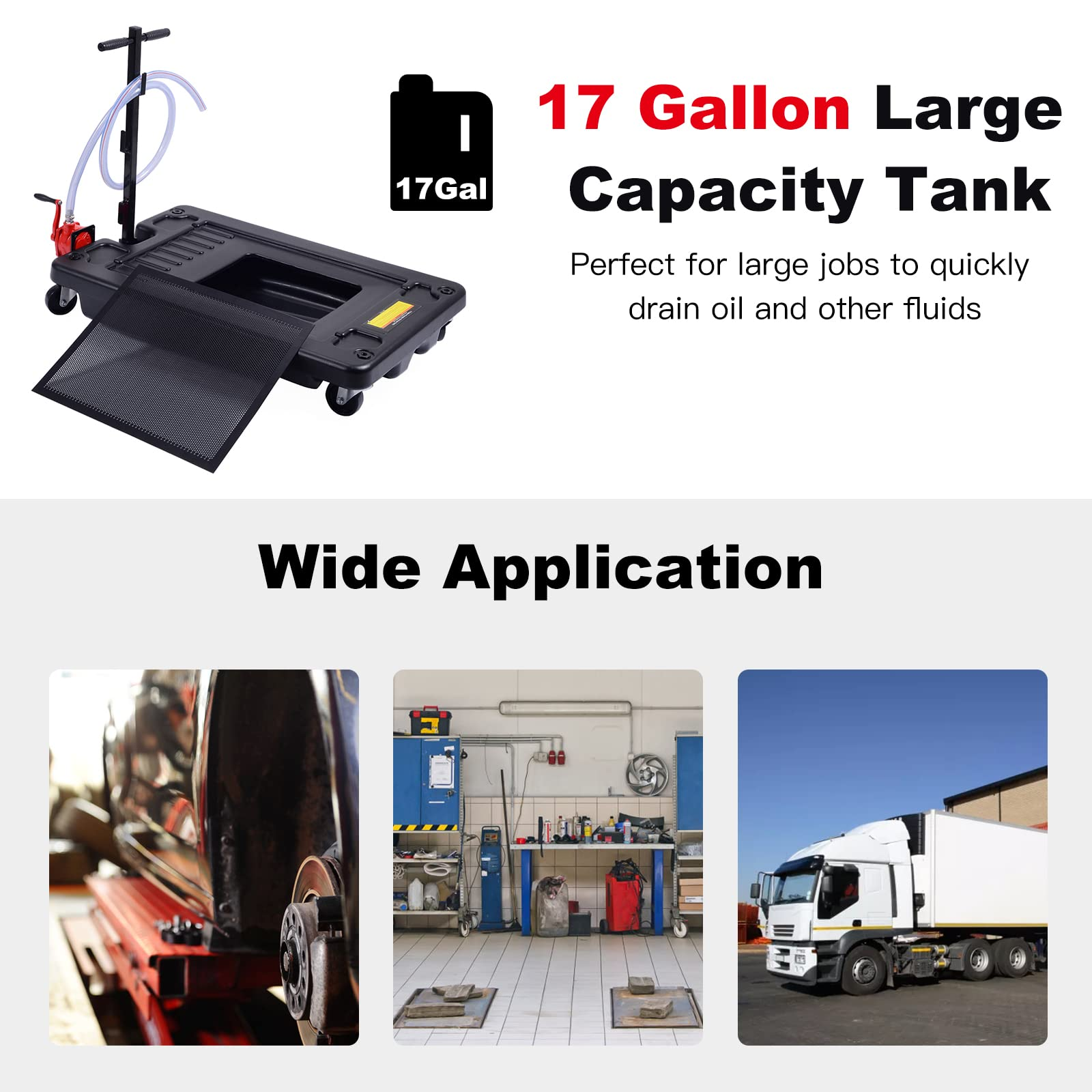 Portable Oil Drain Pan with Pump 17 Gallon Low Profile Oil Change Pan for Truck Car with 8' Hose