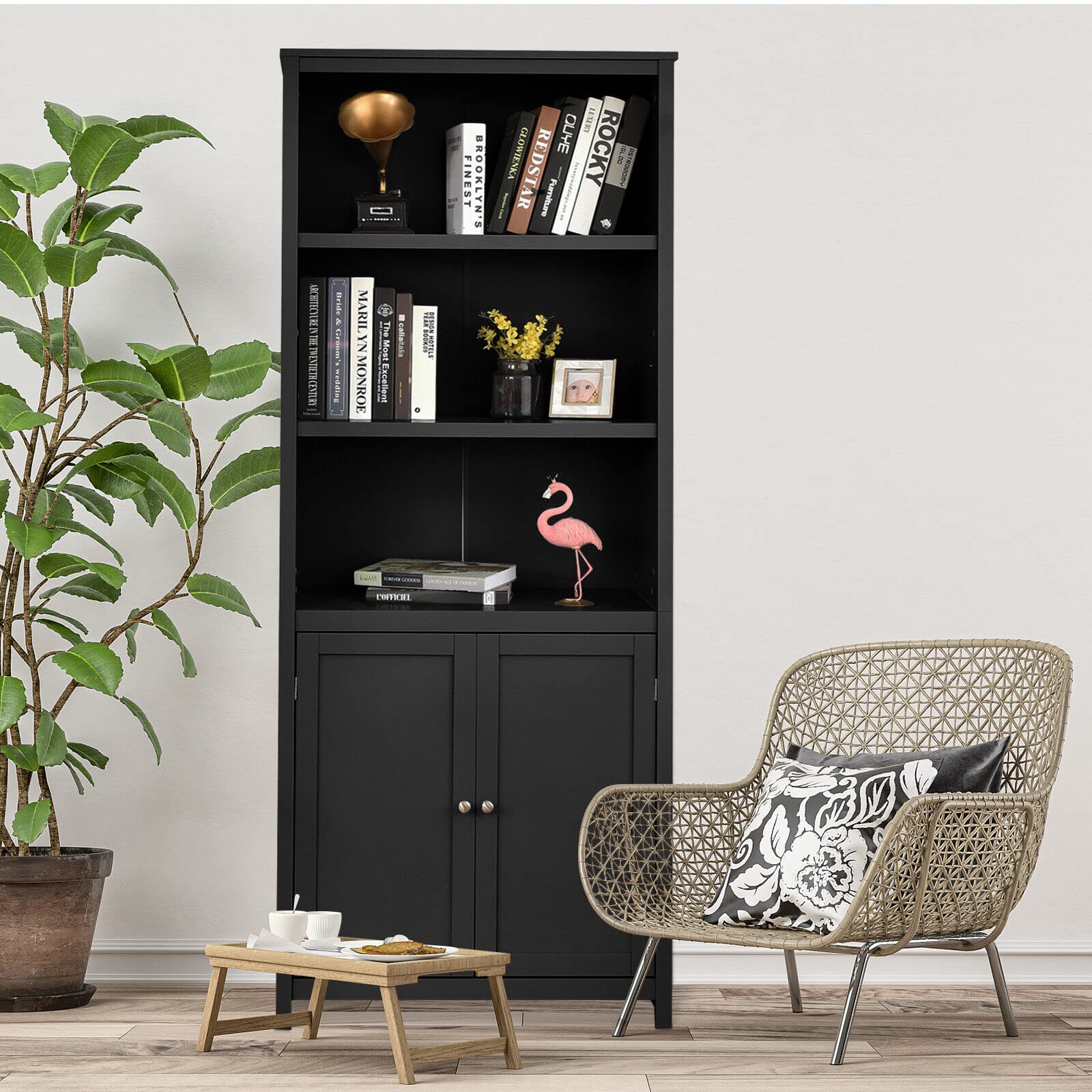 Giantex 182CM Bookcase with Doors, 3 Tier Open Book Shelving, Standing Wooden Display Bookcase