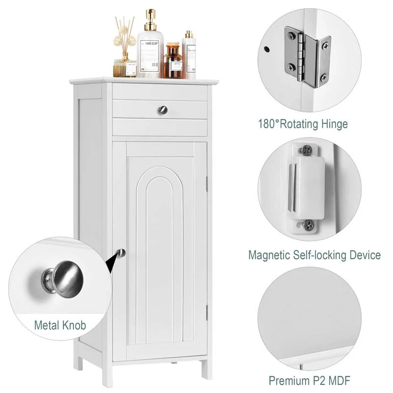 Free-Standing Wooden Floor Storage Cabinet w/Large Drawer & 2 Adjustable Shelves, Morden Side Storage Bathroom Organizer Cabinet