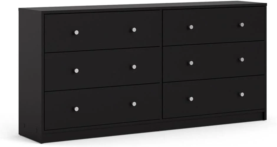 3-Pc Scandinavian Design Engineered Wood Bedroom Furniture Set with 3-Drawer Chest & 6-Drawer Double Dresser & 1-Drawer Nightstand, Pewter Plastic Handles, Smooth Plastic Glides, in Black