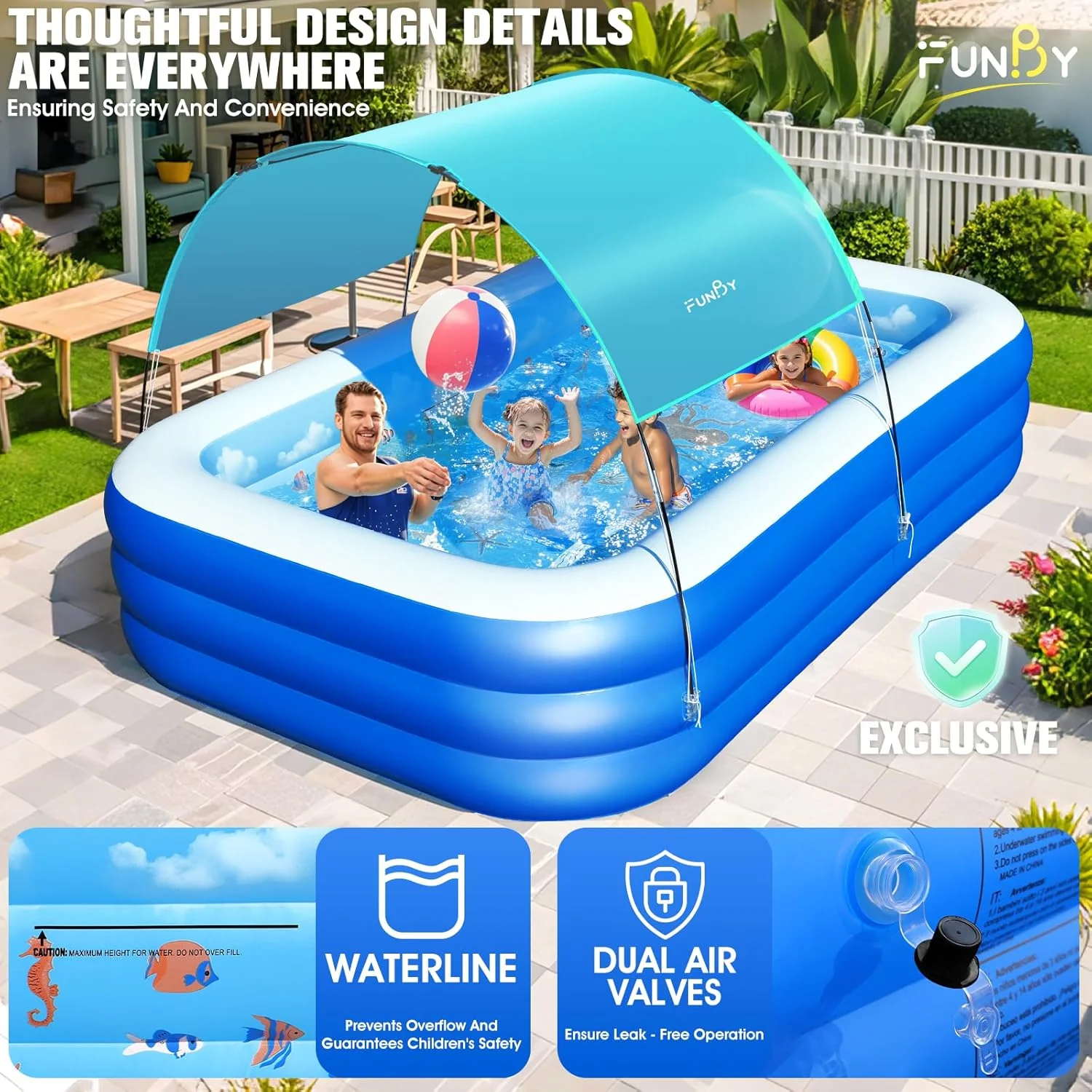 Inflatable Pool with Canopy,Upgraded Inflatable Swimming Pool for Kids,Adult,Large Inflatable Blow up Pools,Ocean Theme Oversized Thickened 105