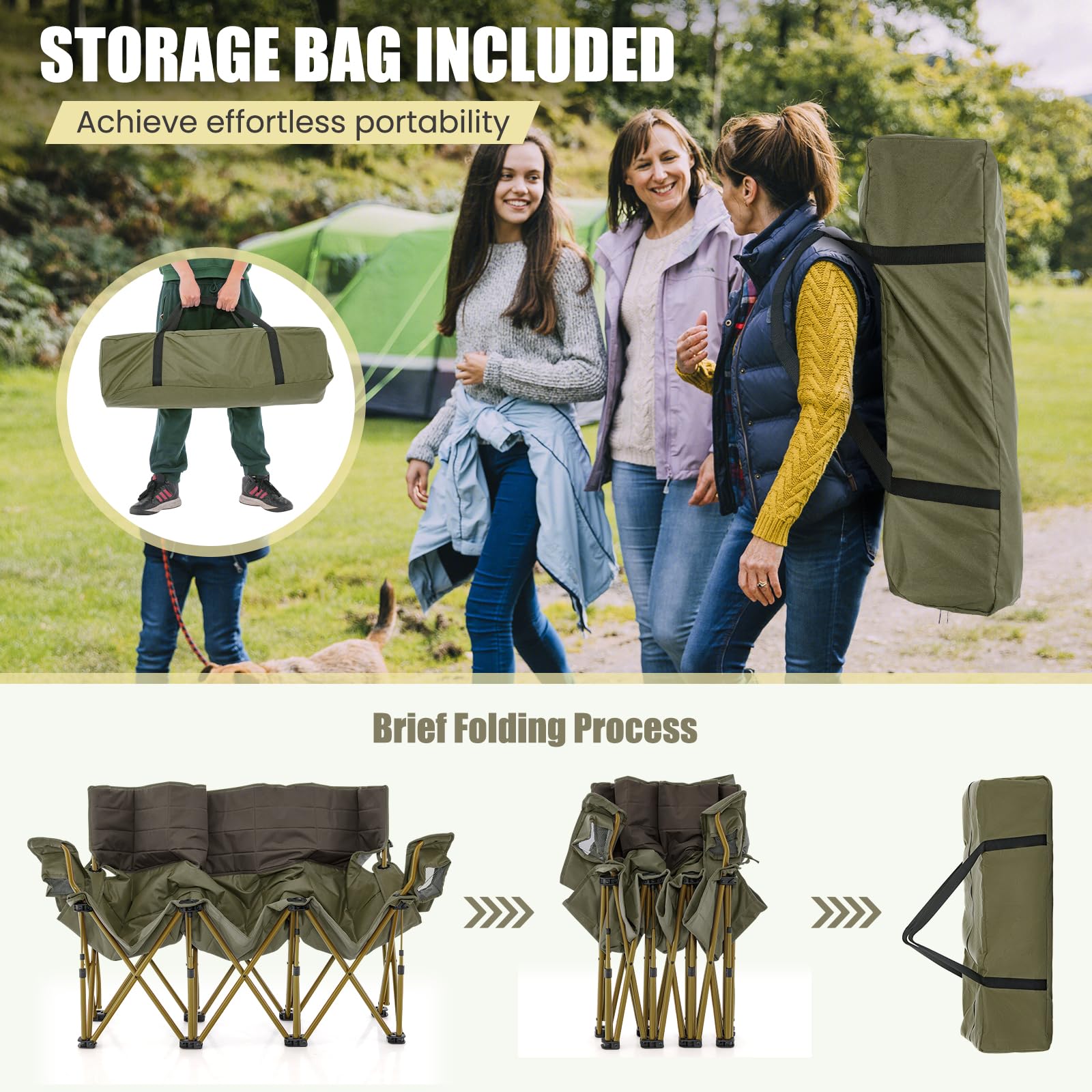 3 Person Camping Chair for Adults, Outdoor Folding Oversized Camping Couch Chair (3-Person Seat)