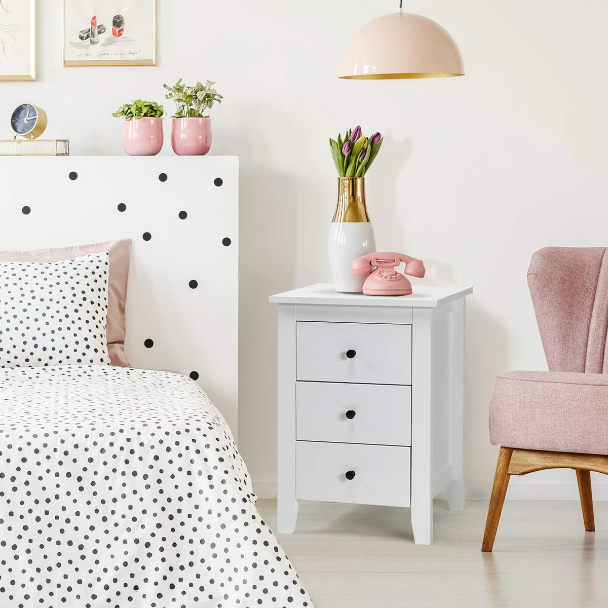 Giantex 2Pcs Bedside Table, Nightstand w/ 3 Drawers & Solid Wood Legs