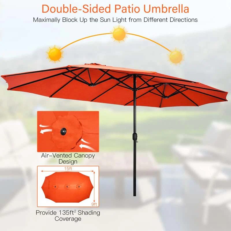 15 FT Ultra-large Double Sided Steel Outdoor Market Patio Umbrella with Base, UV Sun Protection & Easy Crank