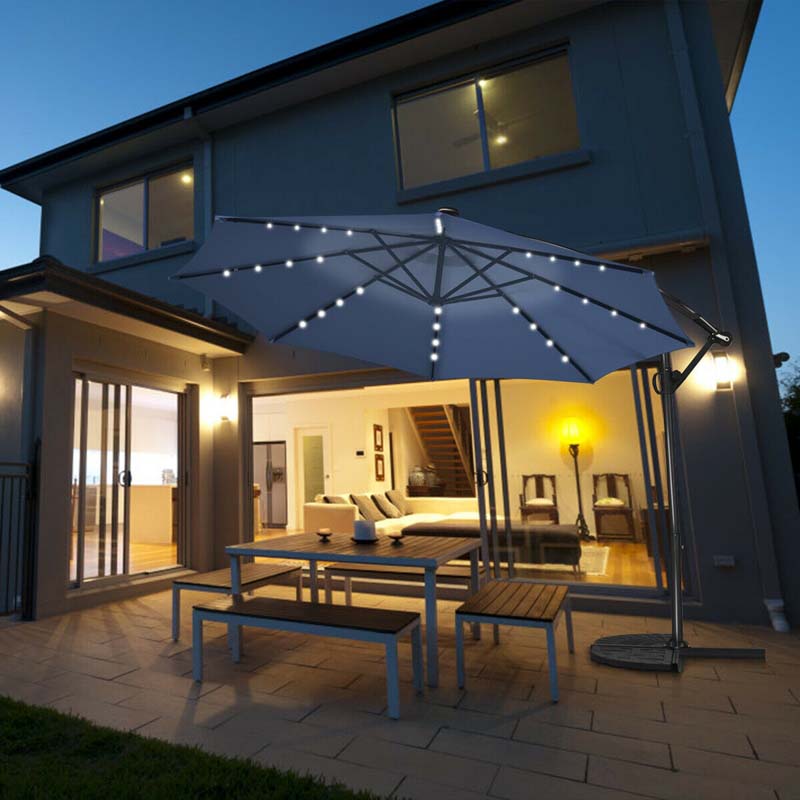 10 FT Patio Offset Umbrella with Solar Lights 360�� Rotation Outdoor Market Umbrella with Crank Handle & Cross Base