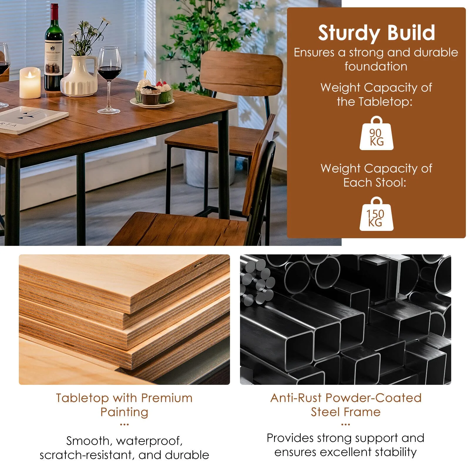 Giantex 5-Piece Dining Bar Table Set, 4 Person Kitchen Breakfast Table Set with Steel Frame , Walnut