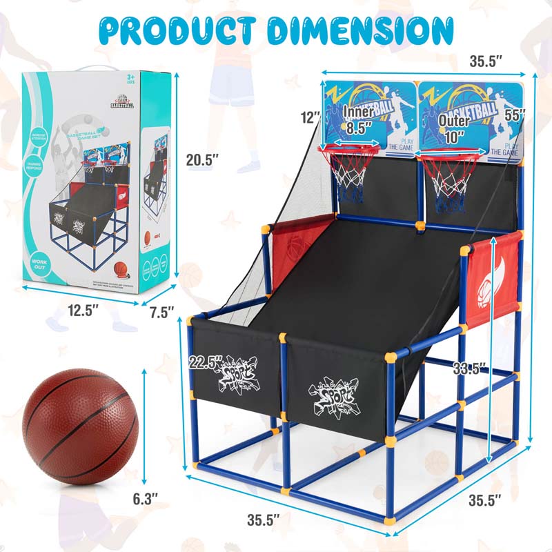Kids Basketball Arcade Game Toy Set, Dual Shot Basketball Game for 2 Players with 4 Balls & Inflation Pump