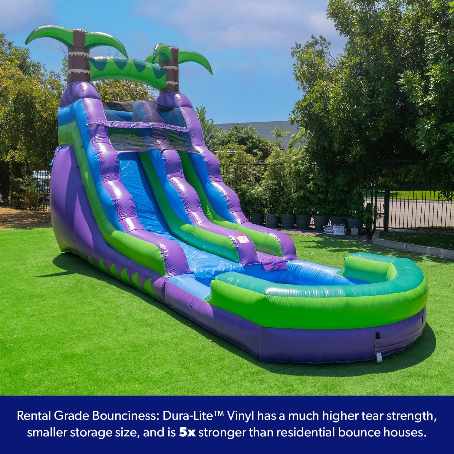 HeroKiddo 16 Purple Tropical Lightweight Premium Commercial Grade Water Slide Inflatable with Attached Pool for Kids and Adults (with Blower), Wet Dry Use, Summer Fun