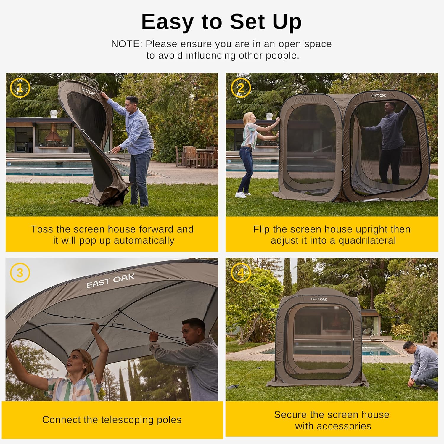 EAST OAK Screen House Tent Pop-Up, Portable Screen Room Canopy Instant Screen Tent 10 x 10 FT with Carry Bag for Patio, Backyard, Deck & Outdoor Activities, Beige