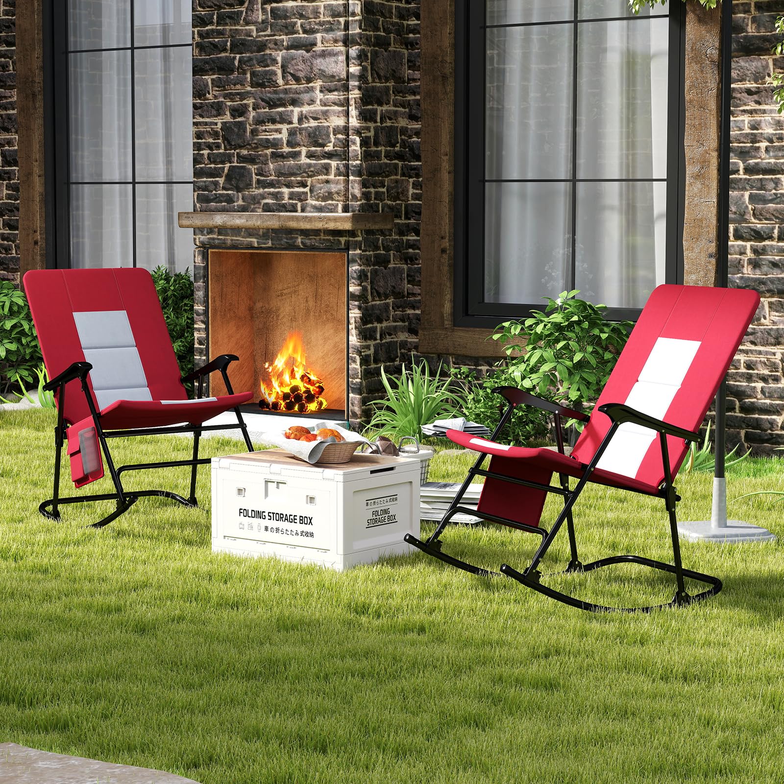 Oversized Folding Rocking Chair, Padded Patio Lounge Rocker w/Metal Frame, Armrests, Side Pocket
