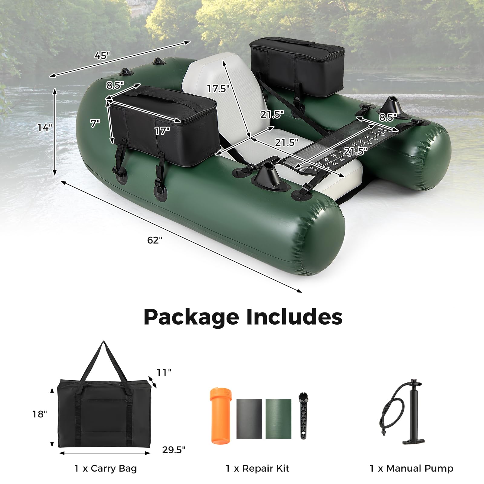 Inflatable Float Tube, Fishing Belly Boat with Fish Ruler, 2 Detachable Storage Bags, Pump, Carry Bag