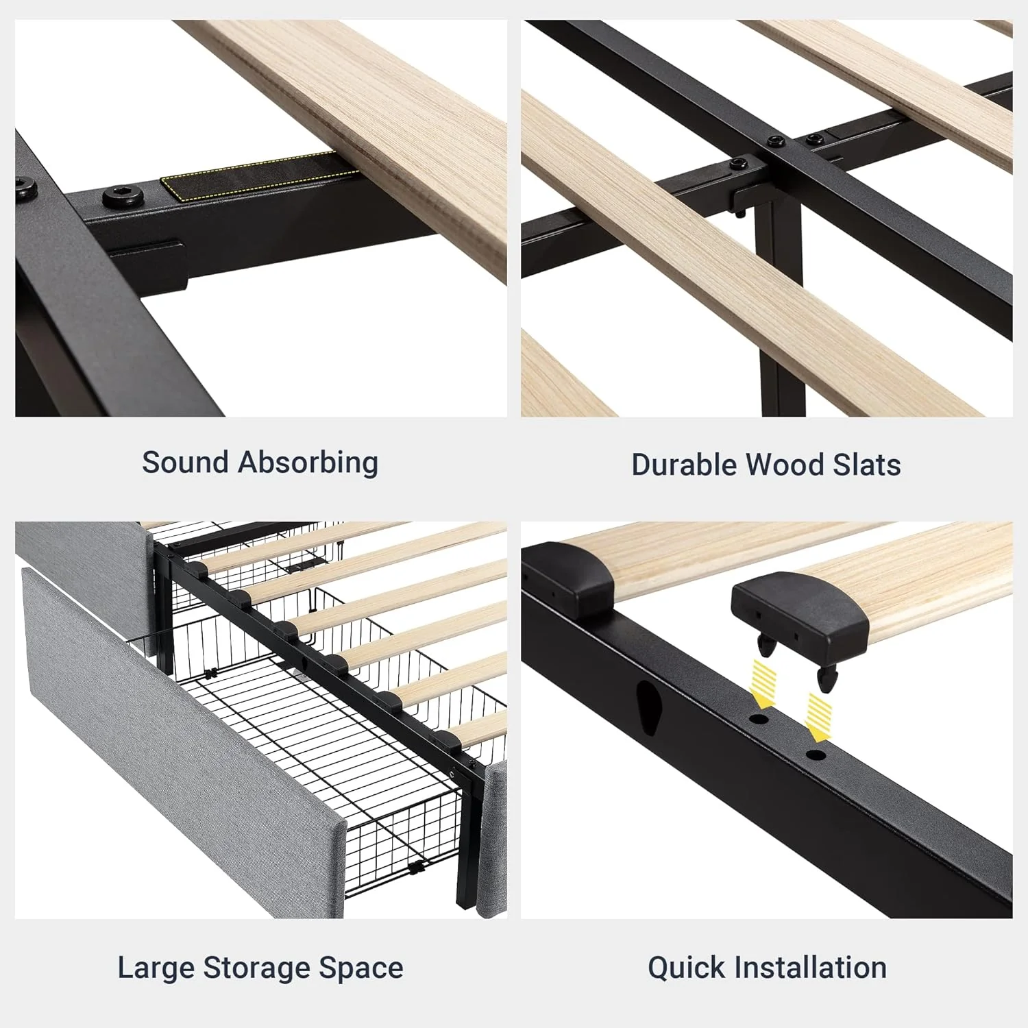 Allewie Upholstered Queen Size Platform Bed Frame with 4 Storage Drawers and Headboard, Square Stitched Button Tufted, Mattress Foundation with Wooden Slats Support, No Box Spring Needed, Light Grey