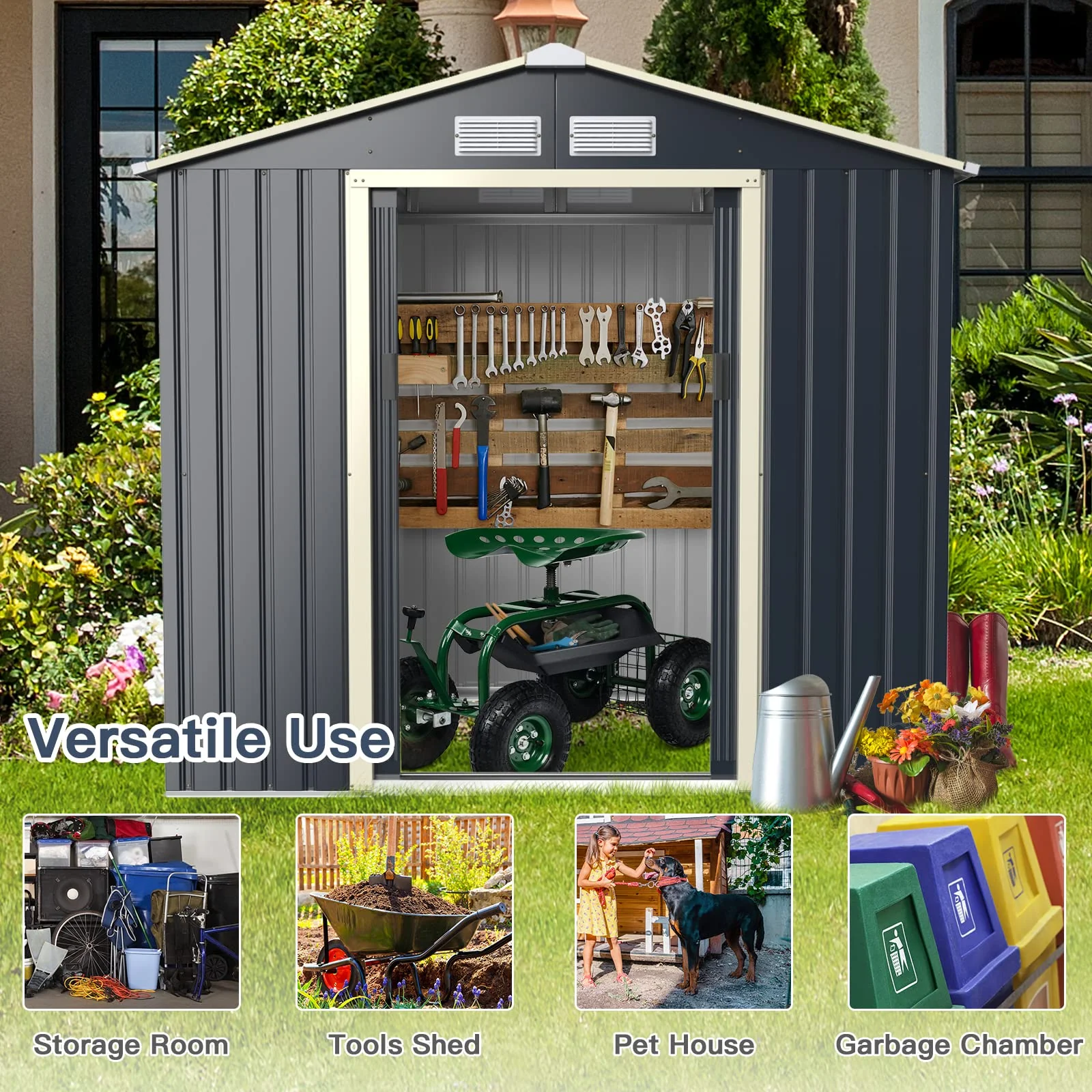 Storage Shed, Metal Outdoor Building Organizer