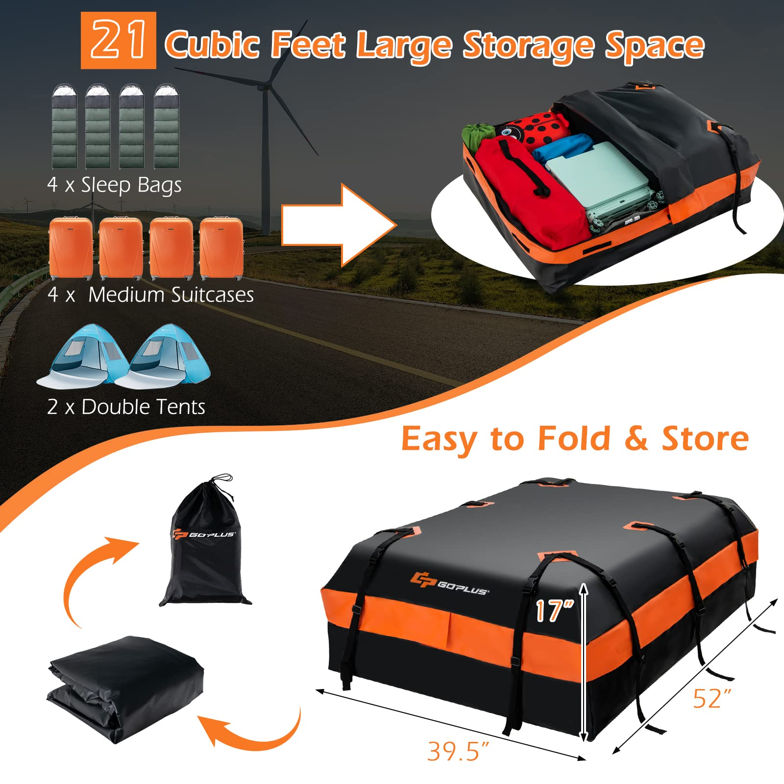 Car Rooftop Cargo Carrier Bag, 21 Cubic 100% Waterproof Soft Car Roof Bag for All Vehicles with/Without Rack