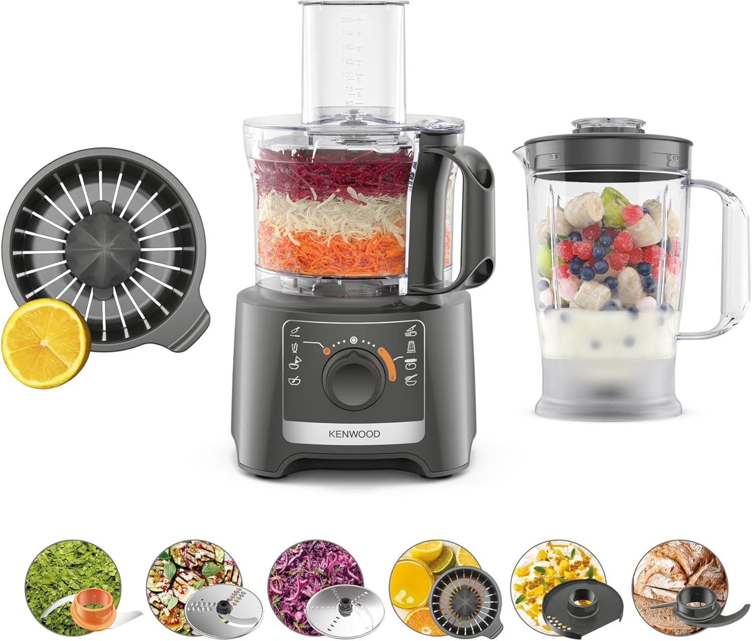 Kenwood MultiPro Compact Food Processor and Blender FDP31.360GY, Includes 1.2L Blender Bowl and 1.2L Food Mixer Bowl, Citrus Juicer, Slicing Grating Disc, Variable Speed with Pulse Function, 800W, Grey