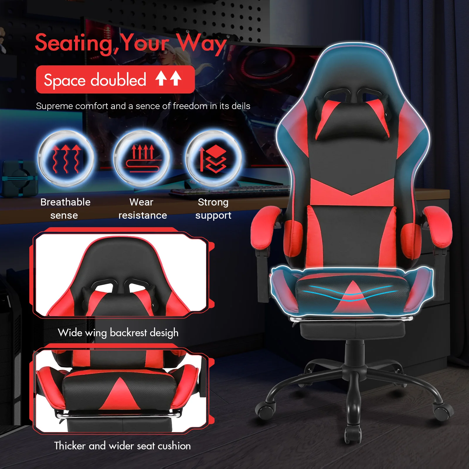 Computer Gaming Chair with Footrest Red
