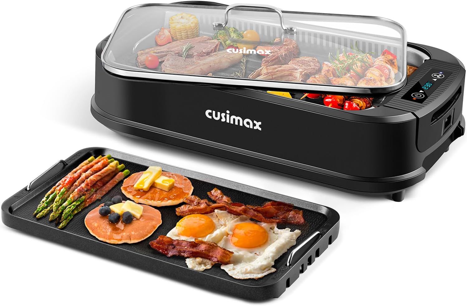 CUSIMAX Indoor Grill with Double Grill Plates, 1500W Electric Smokeless Grill with LED Smart Display & Tempered Glass Lid, Non-stick Removable Grill & Griddle Plate, Easy to Clean