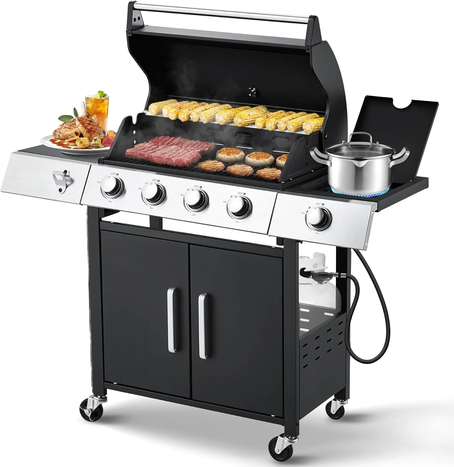 Upgraded 4 Burner BBQ Propane Gas Grill with Cast Iron Grates & Side Stove, 44,000 BTU Stainless Steel Burner Barbecue Grill for Patio, Camping, Outdoor Cooking MELLCOM