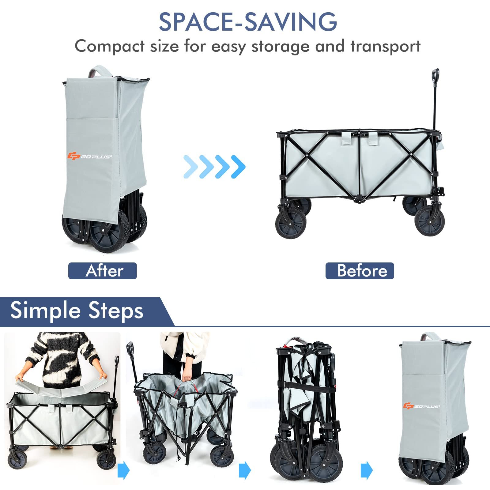 Collapsible Wagon, Folding Utility Wagon Cart w/Universal Wheels & Adjustable Handle & Cover Bag