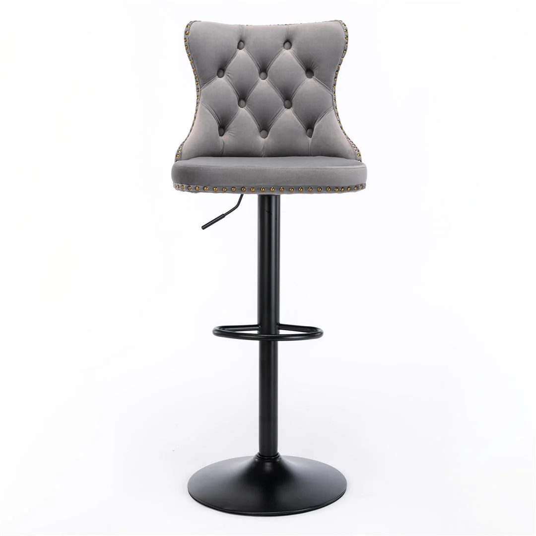 4x Height Adjustable Swivel Bar Stool Velvet Nailhead Barstool with Footrest