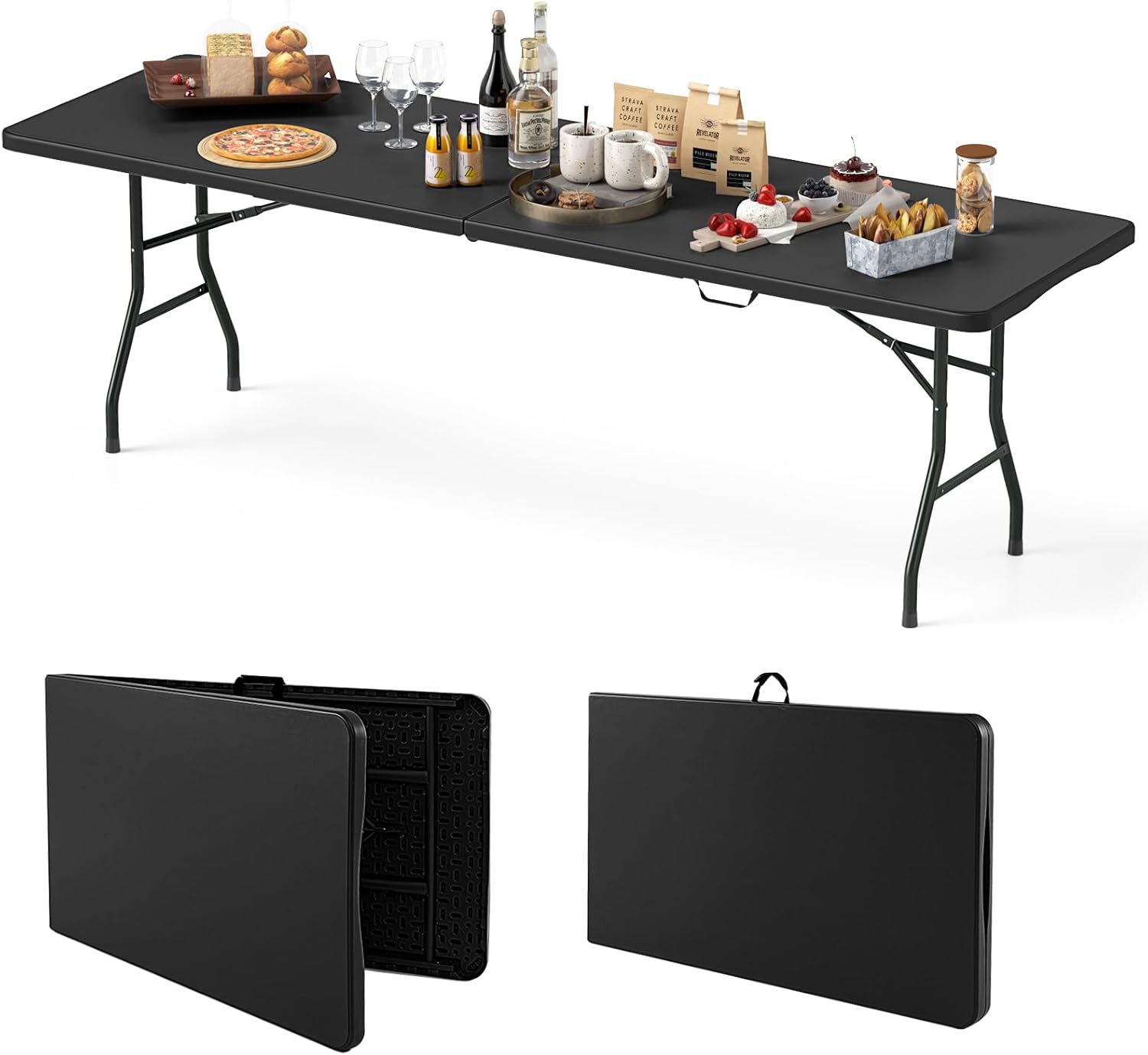 8ft Plastic Folding Table, 350 LBS Outdoor Heavy Duty Folding Tables with HDPE Tabletop, Handle