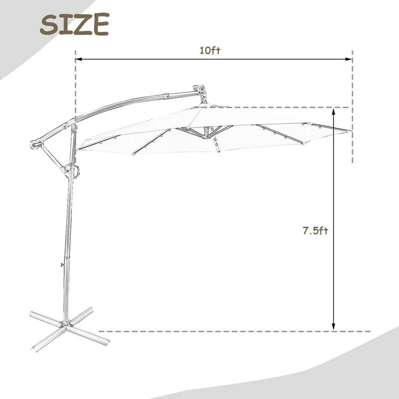 10 FT Patio Offset Umbrella with Solar Lights 360�� Rotation Outdoor Market Umbrella with Crank Handle & Cross Base