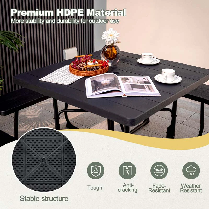 8 Person HDPE Outside Table & Bench Set, Outdoor Square Picnic Table with 4 Built-in Benches, Umbrella Hole, Metal Frame