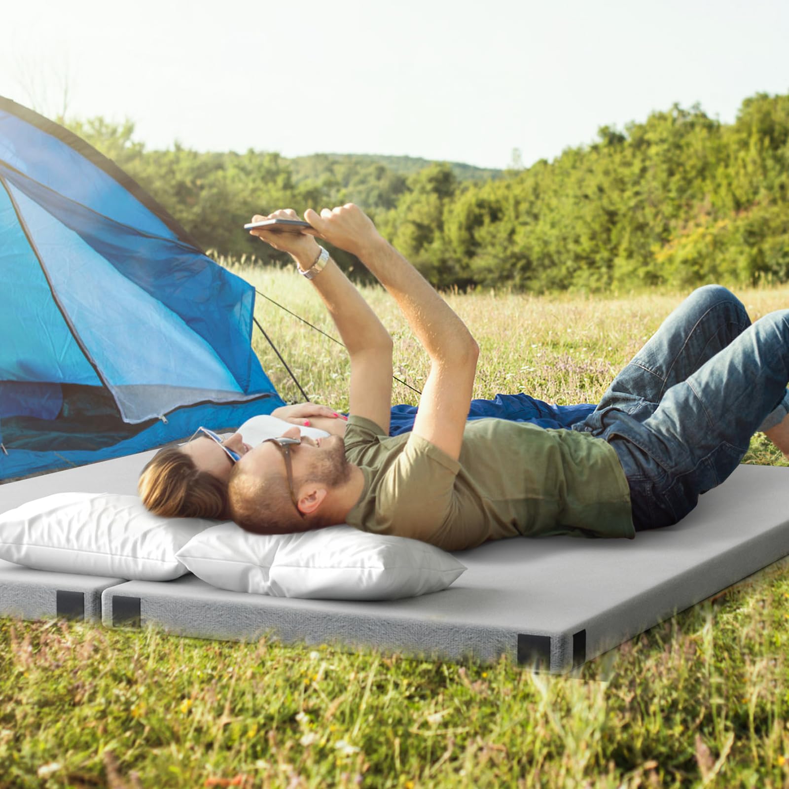 Memory Foam Camping Mattress, Portable Roll up Sleeping Pad w/Anti-Slip Bottom, Travel BagSingle, Larged, 74