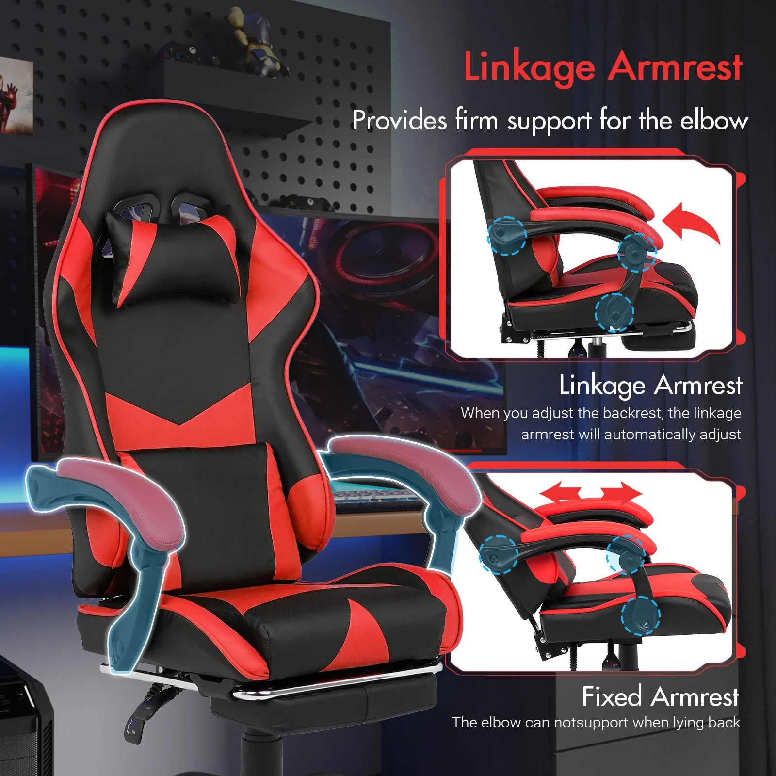 Computer Gaming Chair with Footrest Red