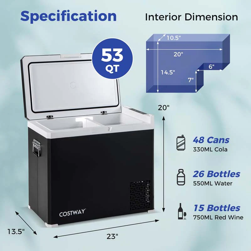 53QT Portable Car Fridge Freezer for Camping Travel, Dual-zone Electric Cooler w/-4�H~68�H Adjustable Range, 12/24V DC & 110-240V AC