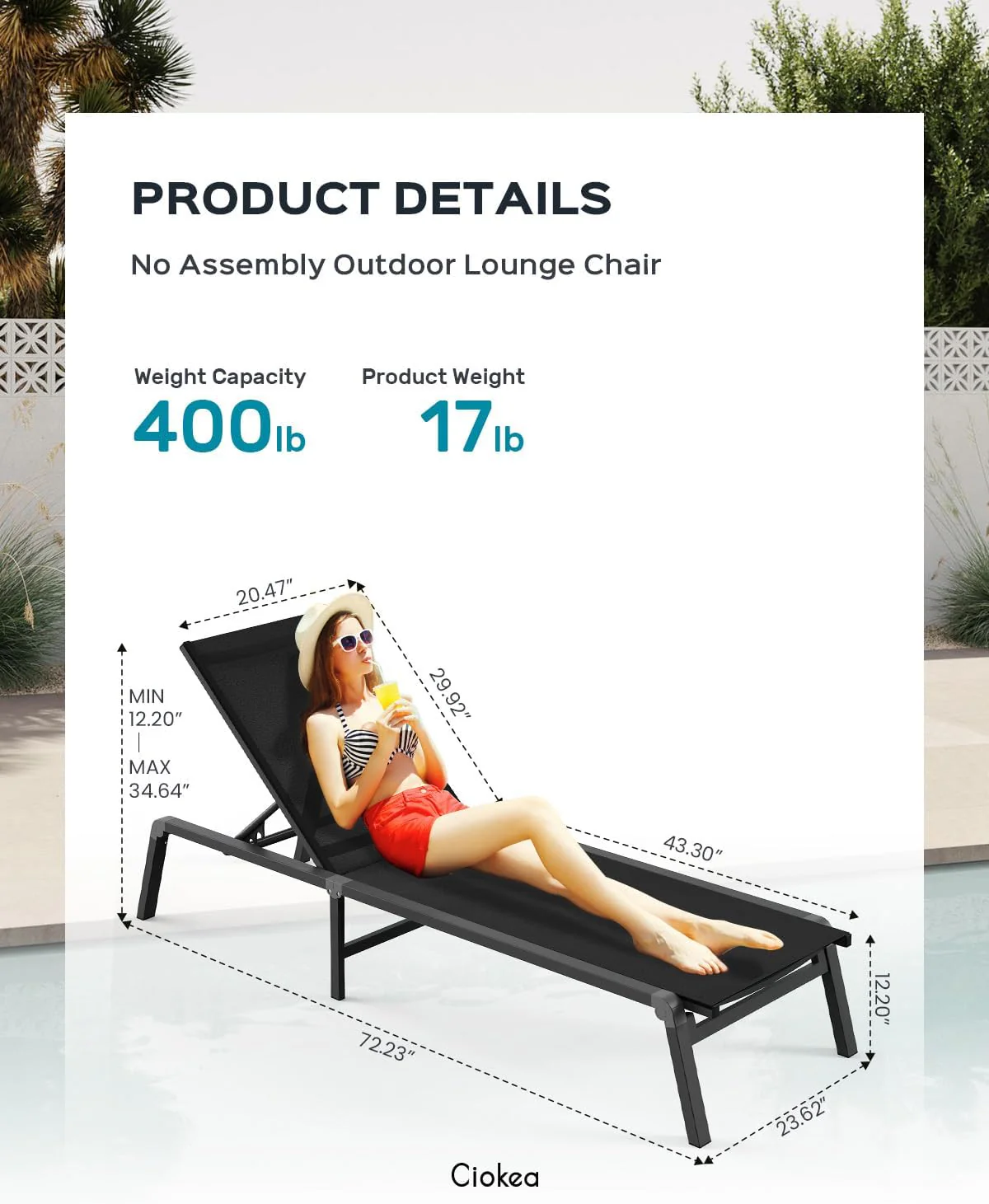 Aluminum Chaise Lounge Ourdoor - Foldable & Assemble Free Outdoor Lounge Chair with 5 Adjustable Backrest, Patio Lounge Chair for Outside Poolside Beach Pool, Black